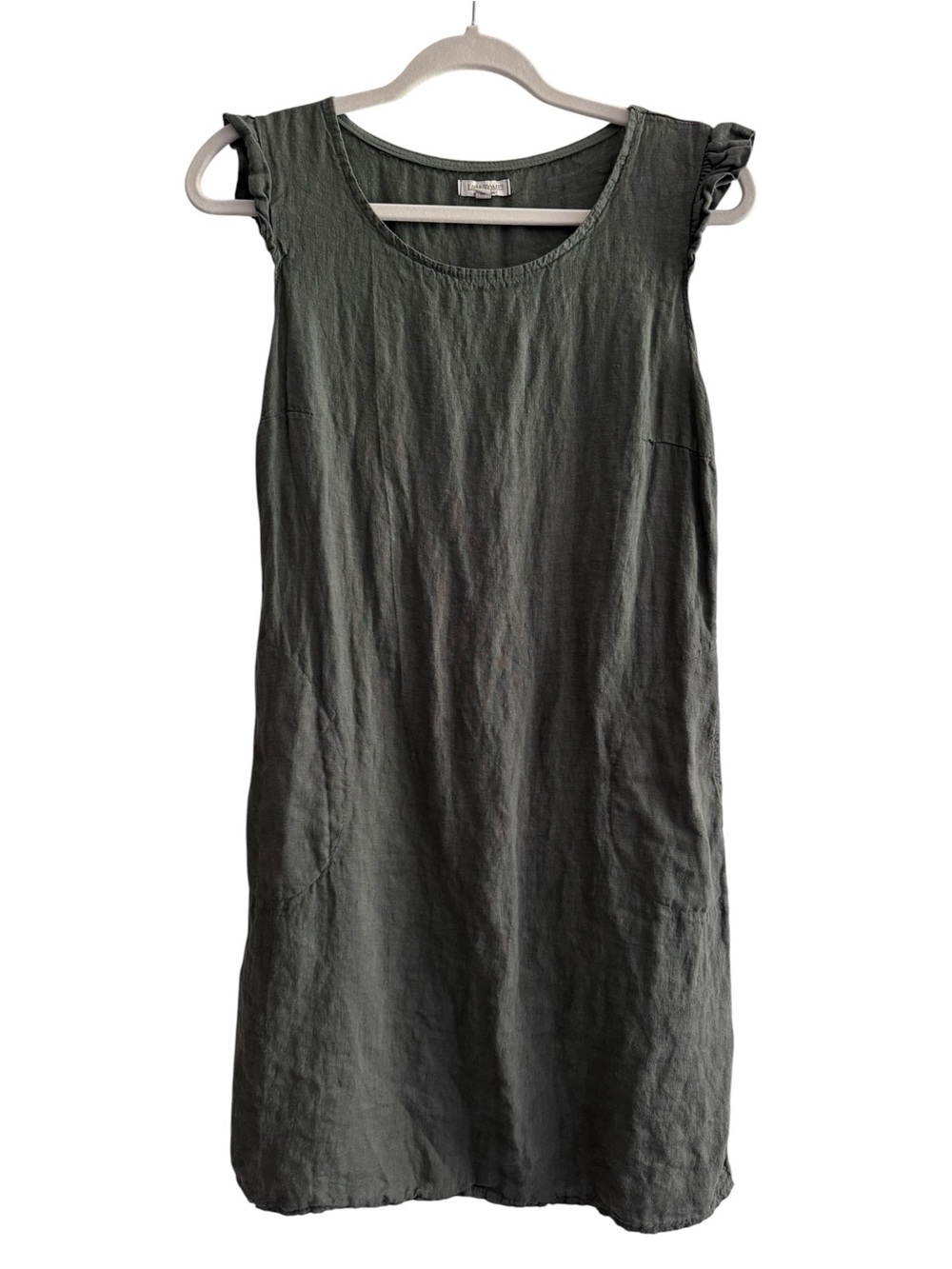 Lina Tomei Italian Linen Dress SZ M Gray Sleeveless Ruffle Shoulder Shift Dress - Picture 2 of 13